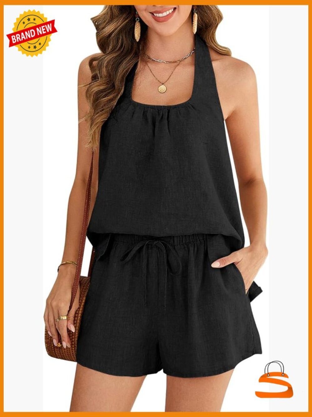 Pure Linen 2 Piece Lounge Set - Halter Top & High Waist Shorts with Pockets
